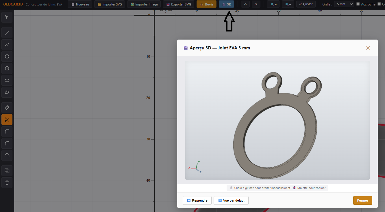 Fenêtre d'aperçu 3D du joint extrudé